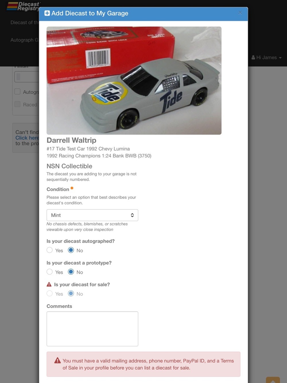 Darrell Waltrip #17 Test Car 1992 Chevy Lumina Toy - Gray